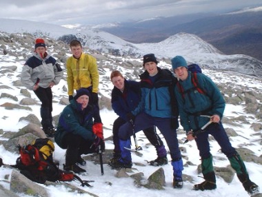 The De La Salle Venturers with Colm Ennis (7th Scout Troop) at the top of the Abseil Posts having completed the Carn Mor Dearg Arete.