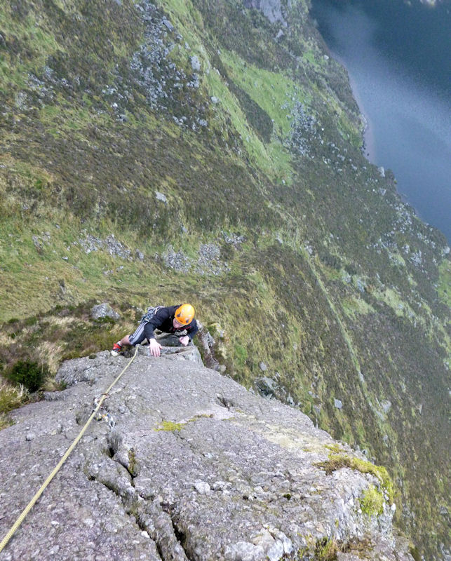 On the excellent finishing arête of ‘A Walk on the West End’ (VS? 4a 4c) in the Coum